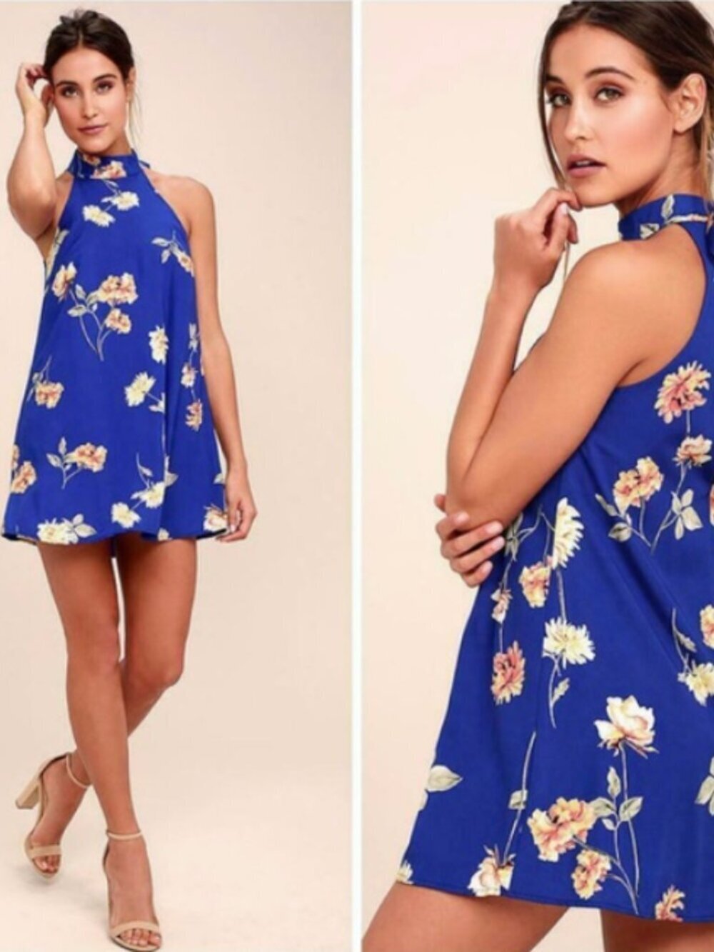 Lulus Darling Dearest Royal Blue Floral Print Swing Mini Dress Size Medium